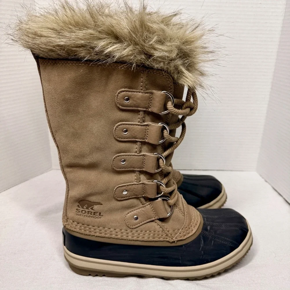 Sorel Joan of Arctic Boots Women 6.5 Waterproof Snow Faux Fur Camel Navy NL3481